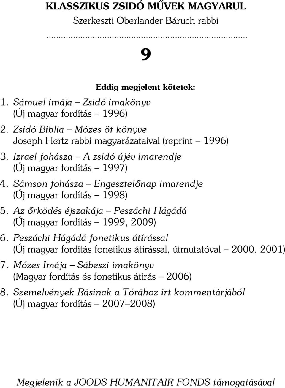 Sámson fohásza Engesztelőnap imarendje (Új magyar fordítás 1998) 5. Az őrködés éjszakája Peszáchi Hágádá (Új magyar fordítás 1999, 2009) 6.