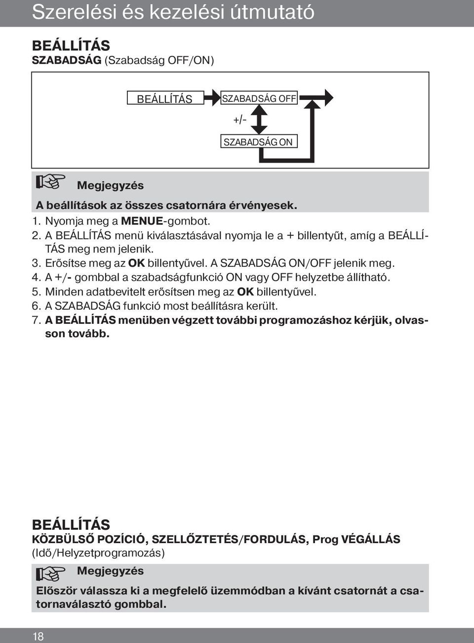 A +/- gombbal a szabadságfunkció ON vagy OFF helyzetbe állítható. 5. Minden adatbevitelt erősítsen meg az OK billentyűvel. 6. A SZABADSÁG funkció most beállításra került. 7.