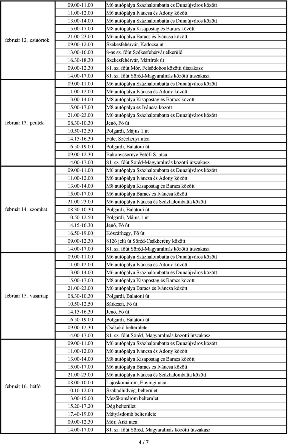 50-19.00 Kőszárhegy, Fő út 09.00-12.30 8126 jelű út Söréd-Csákberény között 10.50-12.50 Sárkeszi, Fő út 14.15-16.30 Jenő, Fő út 09.00-12.30 Csókakő belterülete 08.00-10.