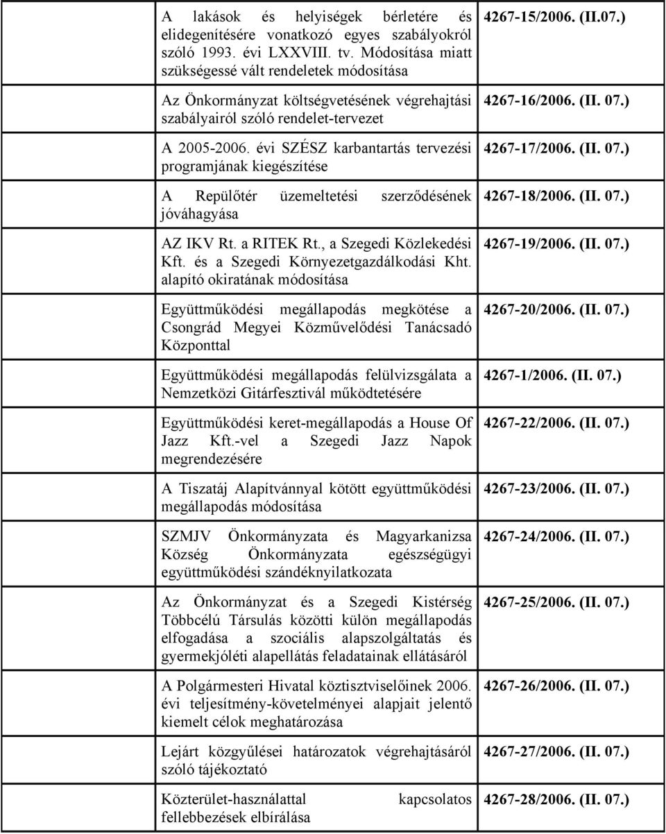 évi SZÉSZ karbantartás tervezési programjának kiegészítése A Repülőtér üzemeltetési szerződésének jóváhagyása AZ IKV Rt. a RITEK Rt., a Szegedi Közlekedési Kft. és a Szegedi Környezetgazdálkodási Kht.