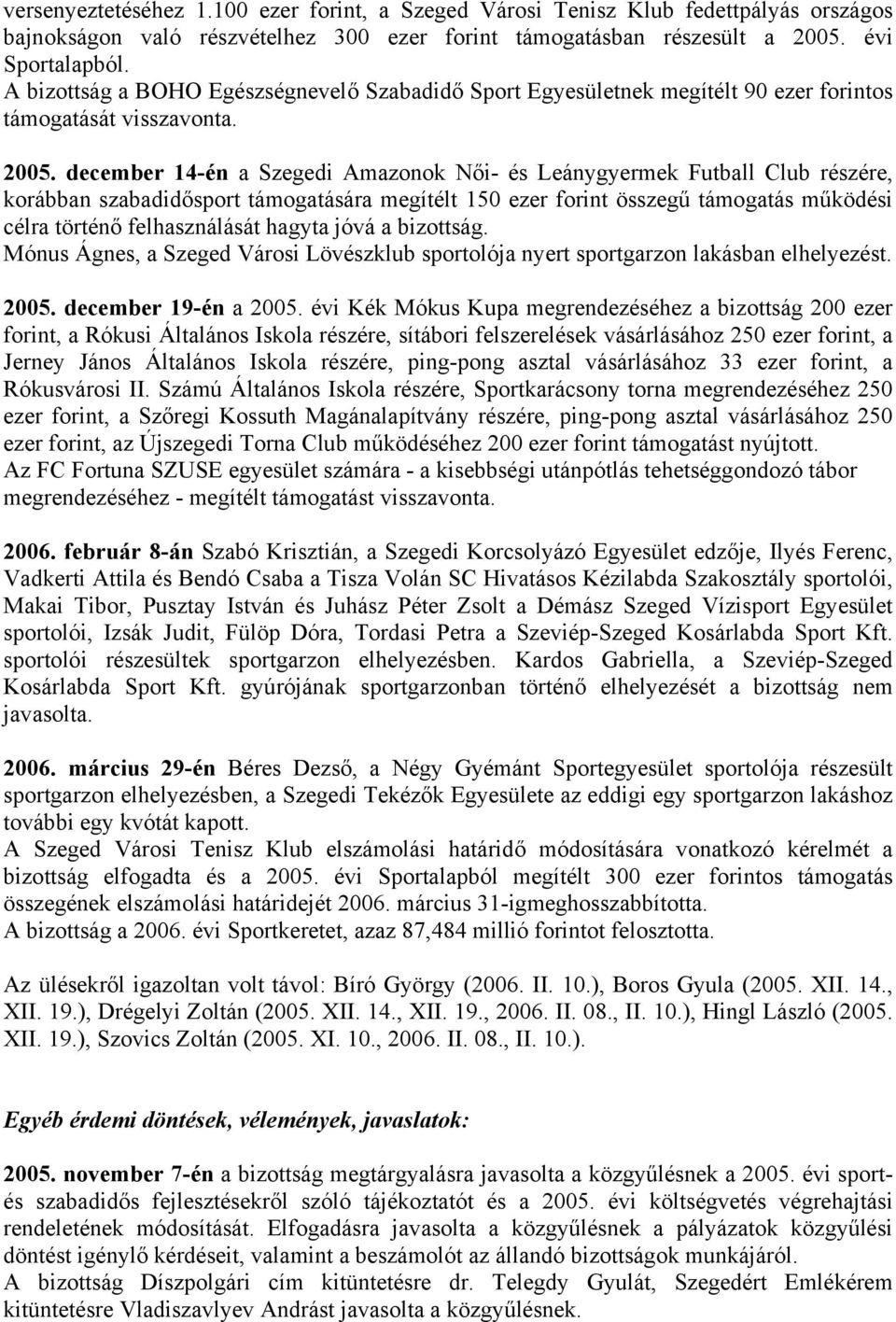 december 14-én a Szegedi Amazonok Női- és Leánygyermek Futball Club részére, korábban szabadidősport támogatására megítélt 150 ezer forint összegű támogatás működési célra történő felhasználását