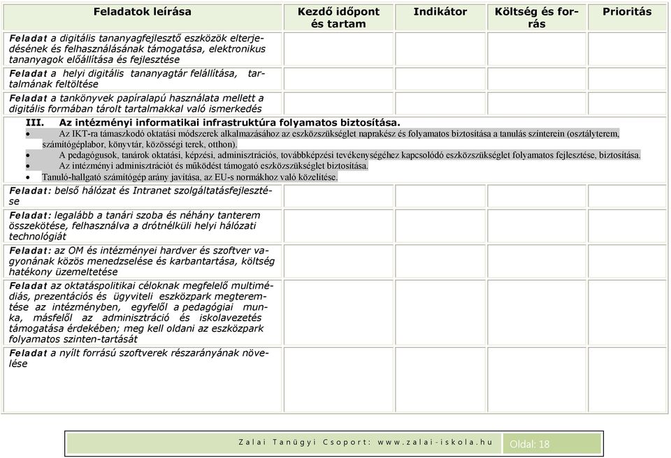 és forrás Prioritás III. Az intézményi informatikai infrastruktúra folyamatos biztosítása.