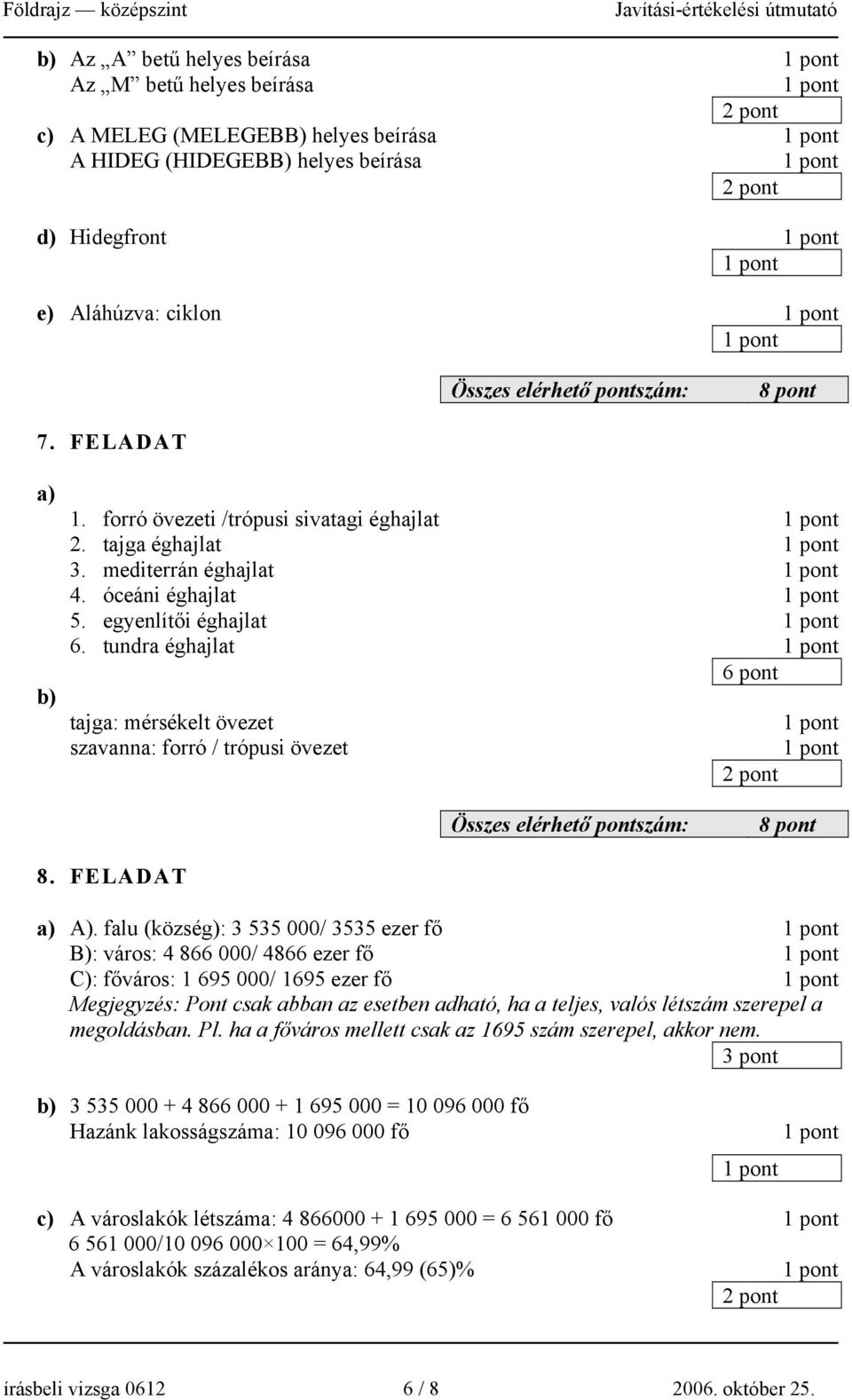 tundra éghajlat 6 pont tajga: mérsékelt övezet szavanna: forró / trópusi övezet 8 pont 8. FELADAT A).