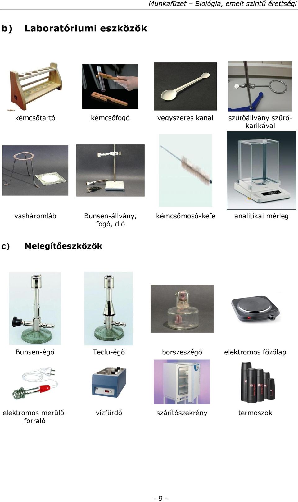 kémcsőmosó-kefe analitikai mérleg c) Melegítőeszközök Bunsen-égő Teclu-égő