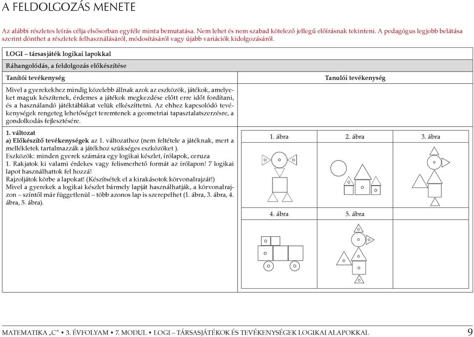 LOGI társasjáték logikai lapokkal Ráhangolódás, a feldolgozás előkészítése Tanítói tevékenység Mivel a gyerekekhez mindig közelebb állnak azok az eszközök, játékok, amelyeket maguk készítenek,