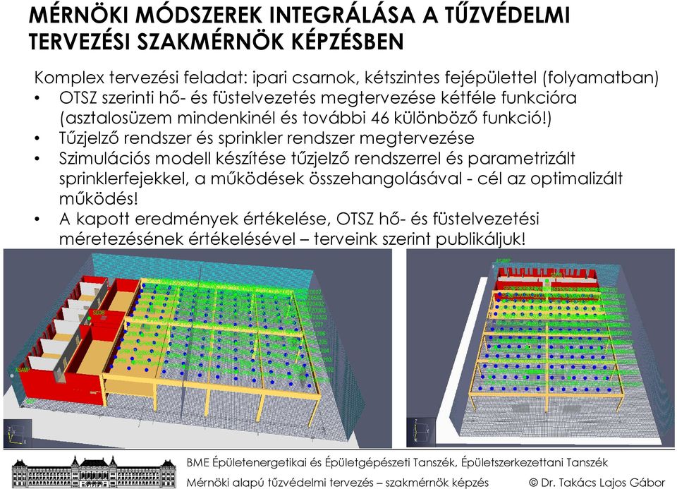 ) Tűzjelző rendszer és sprinkler rendszer megtervezése Szimulációs modell készítése tűzjelző rendszerrel és parametrizált sprinklerfejekkel, a