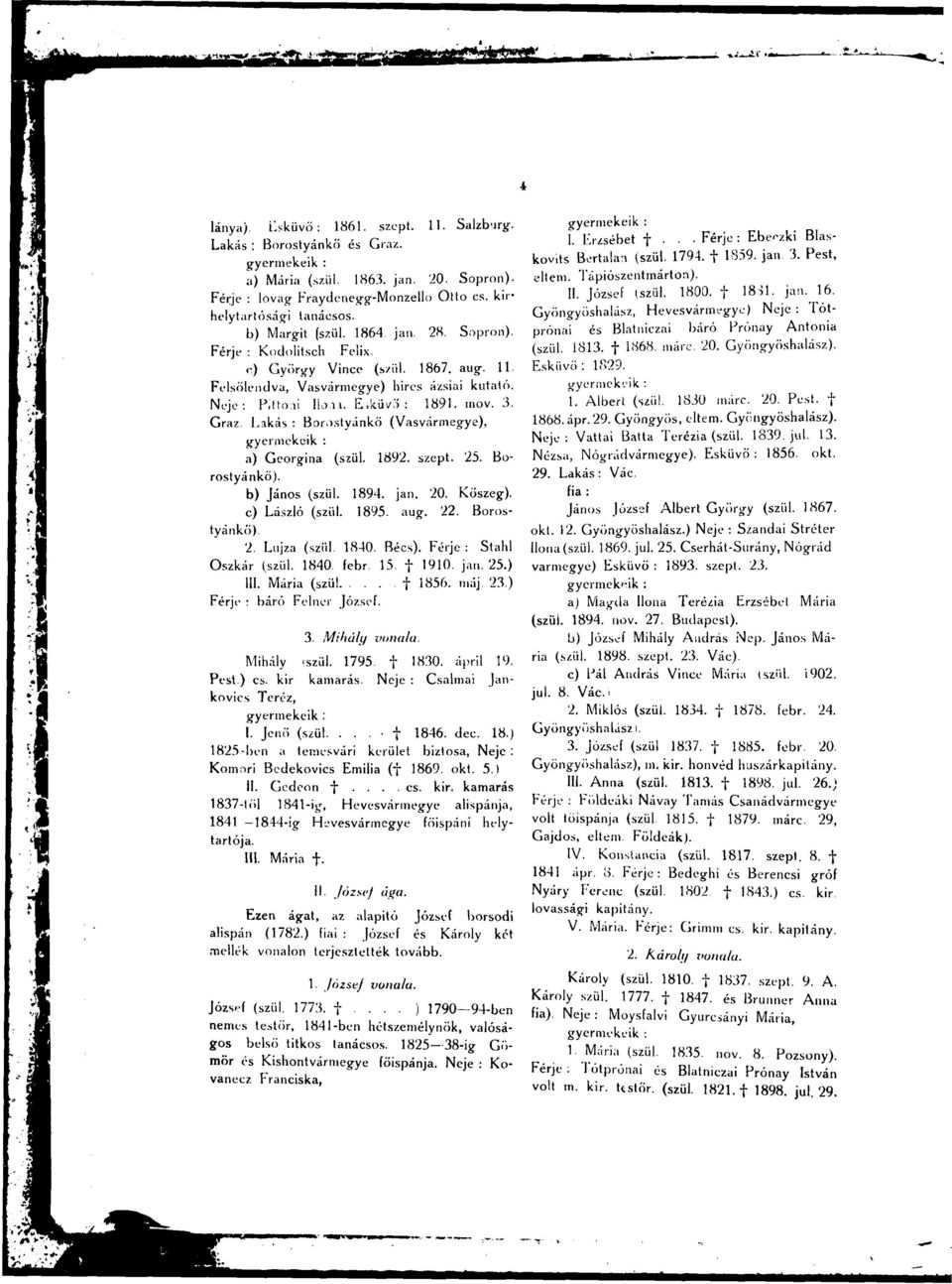Graz Lakás : Borostyánkő (Vasvármegye), a) Georgina (szül. 1892. szept. 25. Borostyánkő). b) János (szül. 1894. jan. 20. Kőszeg). c) László (szül. 1895. aug. 22. Borostyánkő) 2. Lujza (szül. 1840.