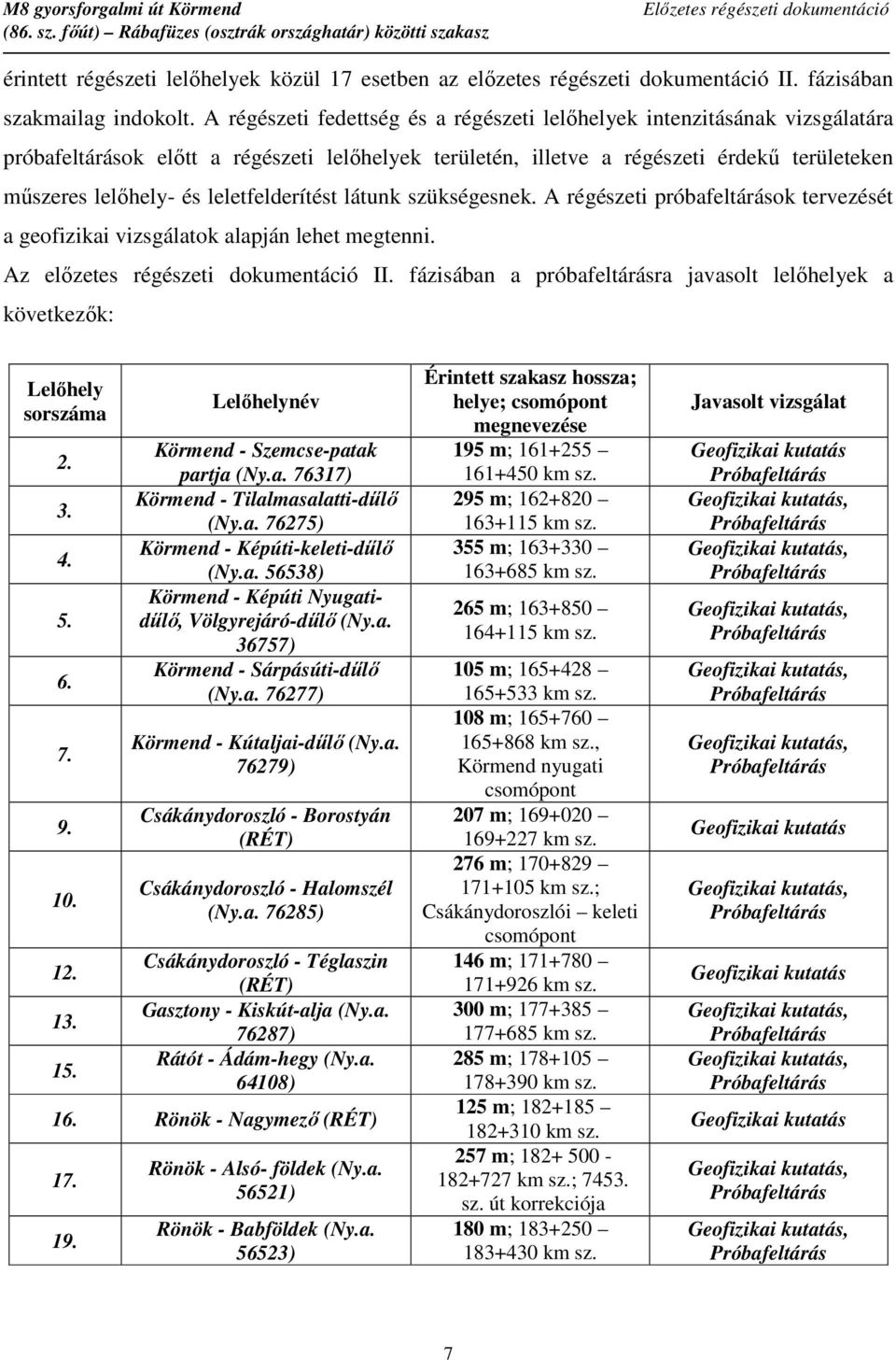 leletfelderítést látunk szükségesnek. A régészeti próbafeltárások tervezését a geofizikai vizsgálatok alapján lehet megtenni. Az előzetes régészeti dokumentáció II.