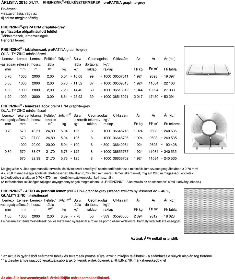 lemez - táblalemezek prepatina graphite-grey QUALITY ZINC minősítéssel Lemez- Lemez- Lemez- Fellet/ Súly/ m 2 Súly/ (kb.