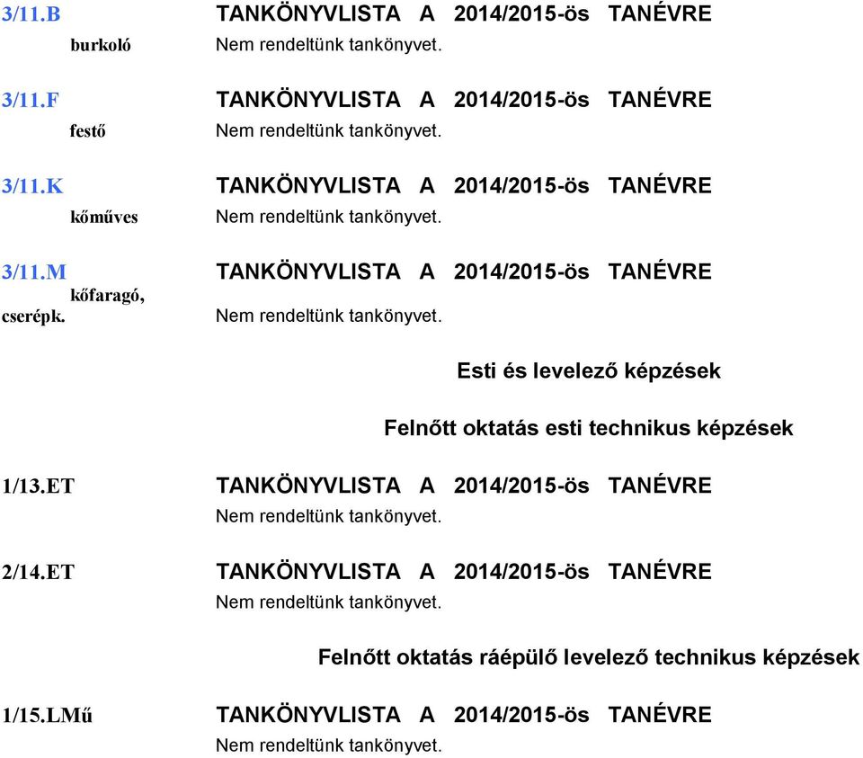 Esti és levelező képzések Felnőtt oktatás esti