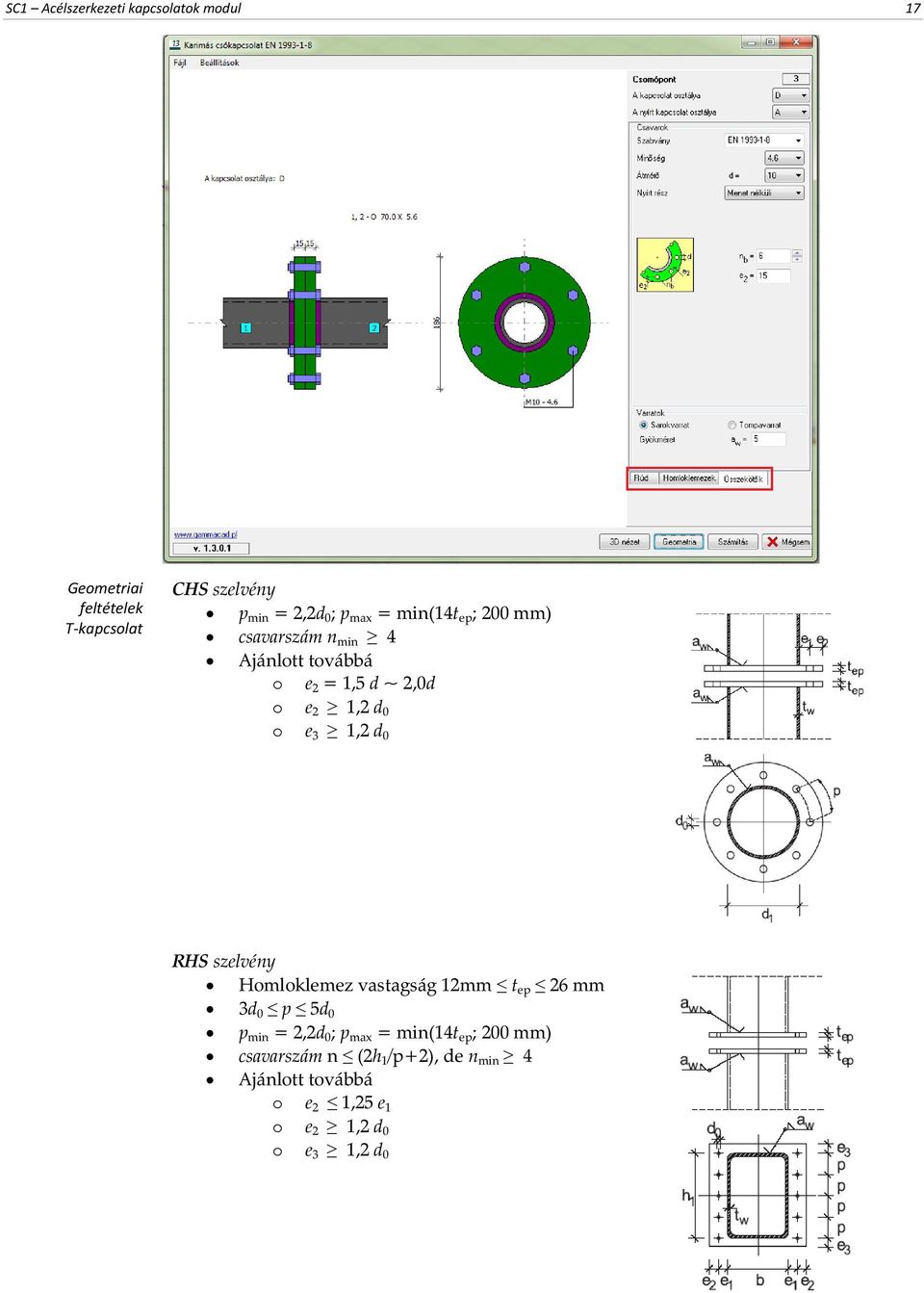 1,2 d 0 RHS szelvény Homloklemez vastagság 12mm t ep 26 mm 3d 0 p 5d 0 p min = 2,2d 0 ; p max = min(14t