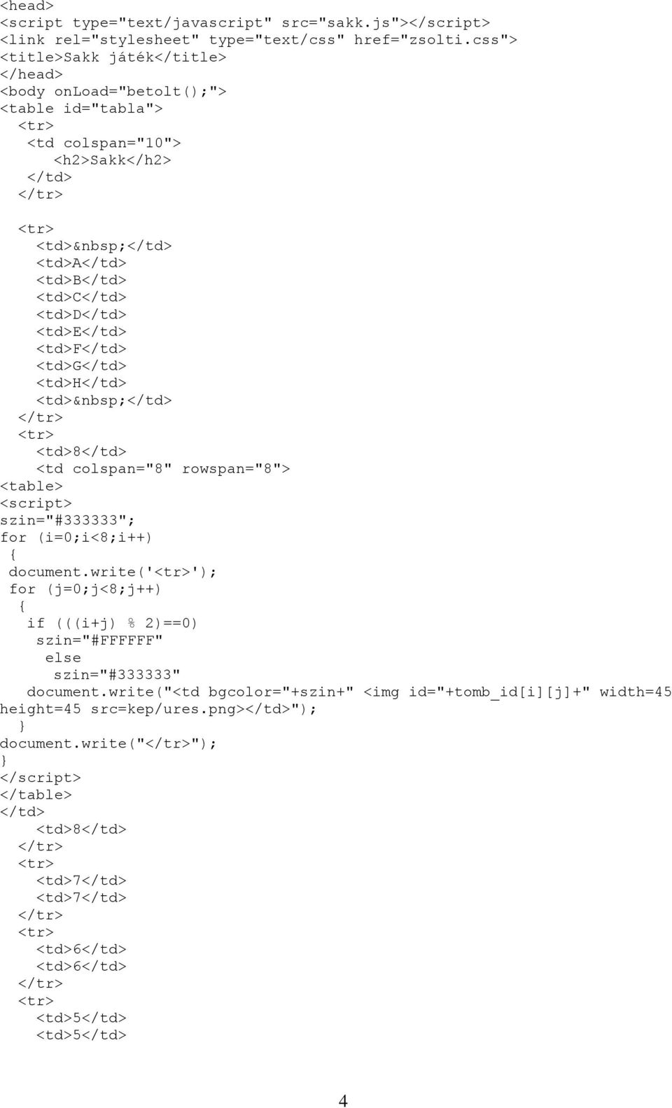 <td>e</td> <td>f</td> <td>g</td> <td>h</td> <td> </td> <td>8</td> <td colspan="8" rowspan="8"> <table> <script> szin="#333333"; document.