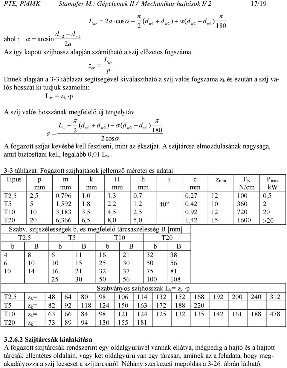 fogszáma: Lwr zkr = p Ennek alapján a 3-3 táblázat segítségével kiválasztható a szíj valós fogszáma z k és ezután a szíj valós hosszát ki tudjuk számolni: L w = z k p A szíj valós hosszának megfelelő