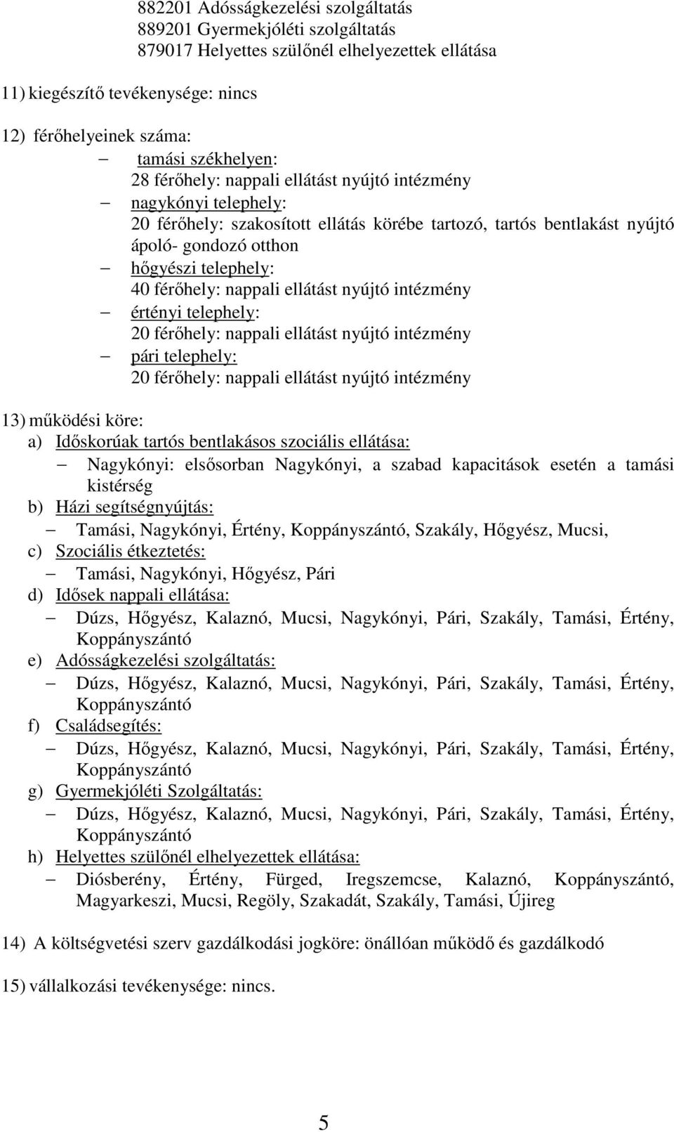 nappali ellátást nyújtó intézmény értényi telephely: 20 férőhely: nappali ellátást nyújtó intézmény pári telephely: 20 férőhely: nappali ellátást nyújtó intézmény 13) működési köre: a) Időskorúak