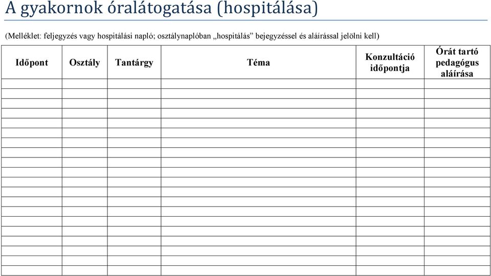 hospitálás bejegyzéssel és aláírással jelölni kell)