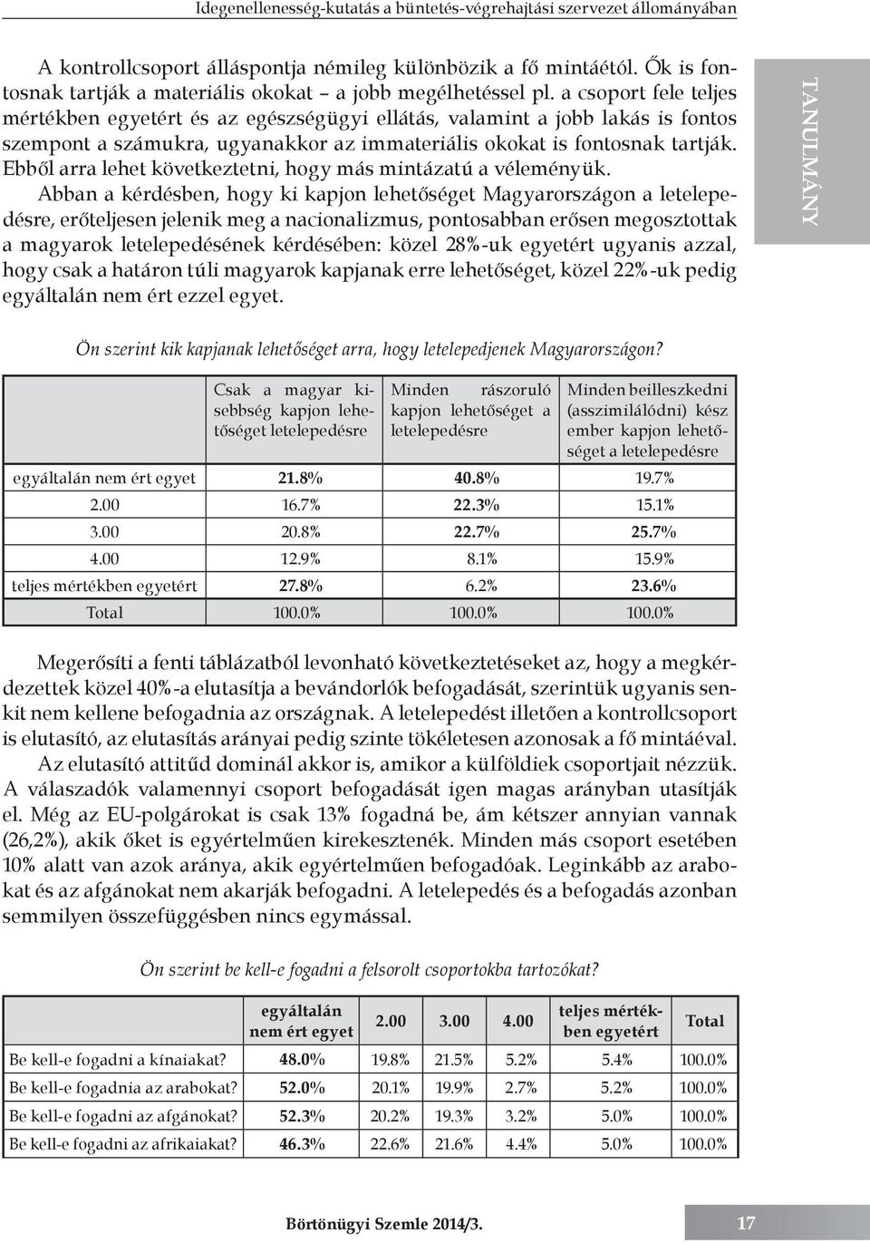 a csoport fele teljes mértékben egyetért és az egészségügyi ellátás, valamint a jobb lakás is fontos szempont a számukra, ugyanakkor az immateriális okokat is fontosnak tartják.