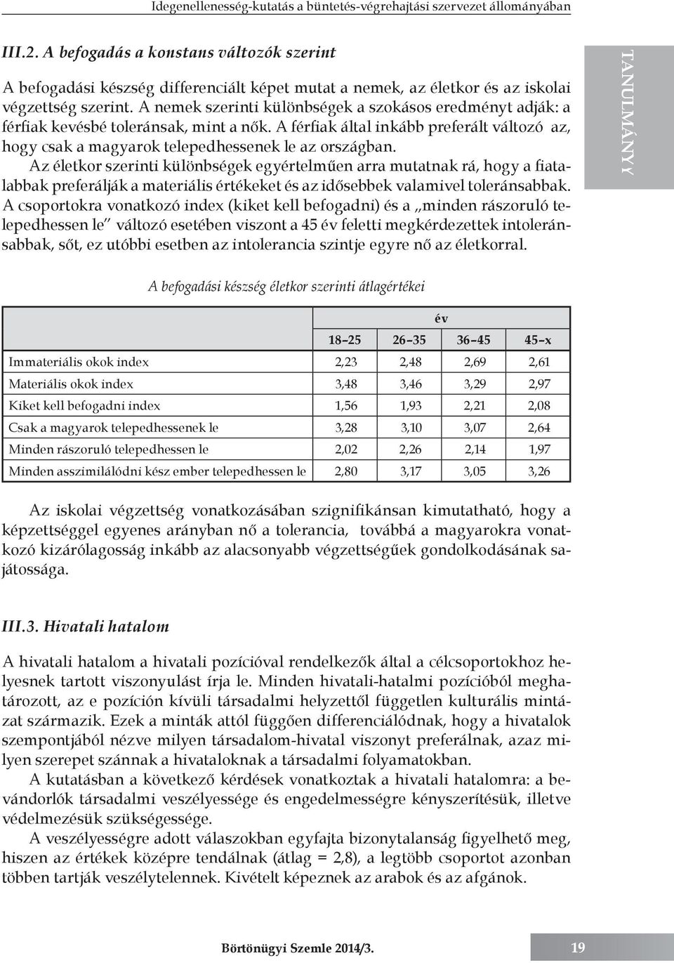 A nemek szerinti különbségek a szokásos eredményt adják: a férfiak kevésbé toleránsak, mint a nők. A férfiak által inkább preferált változó az, hogy csak a magyarok telepedhessenek le az országban.