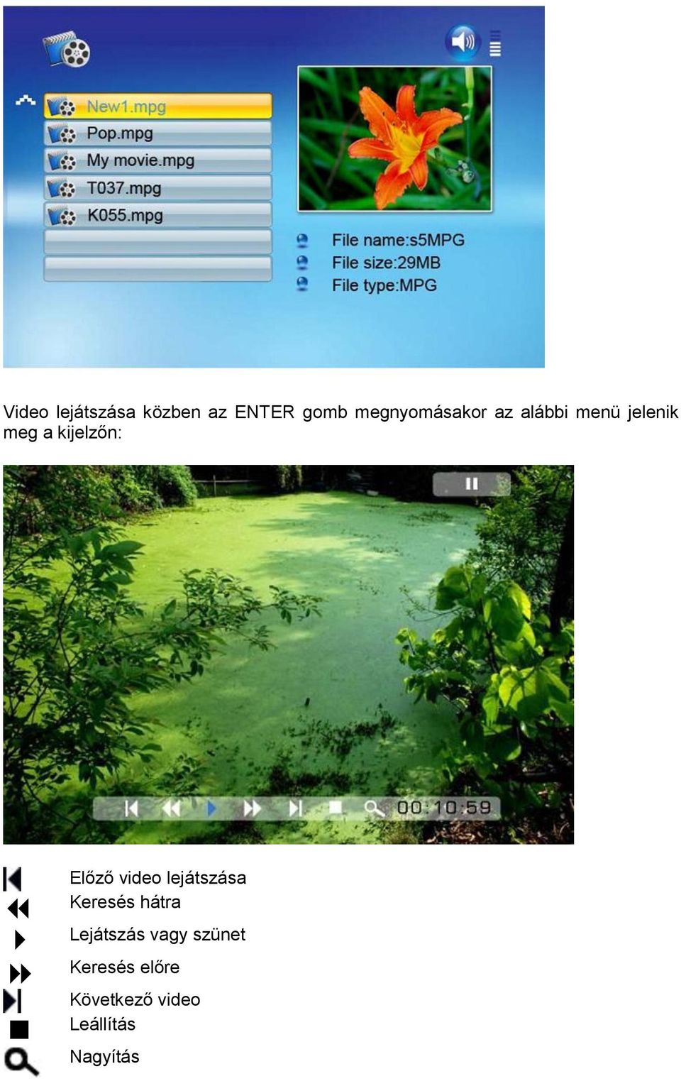 kijelzőn: Előző video lejátszása Keresés hátra