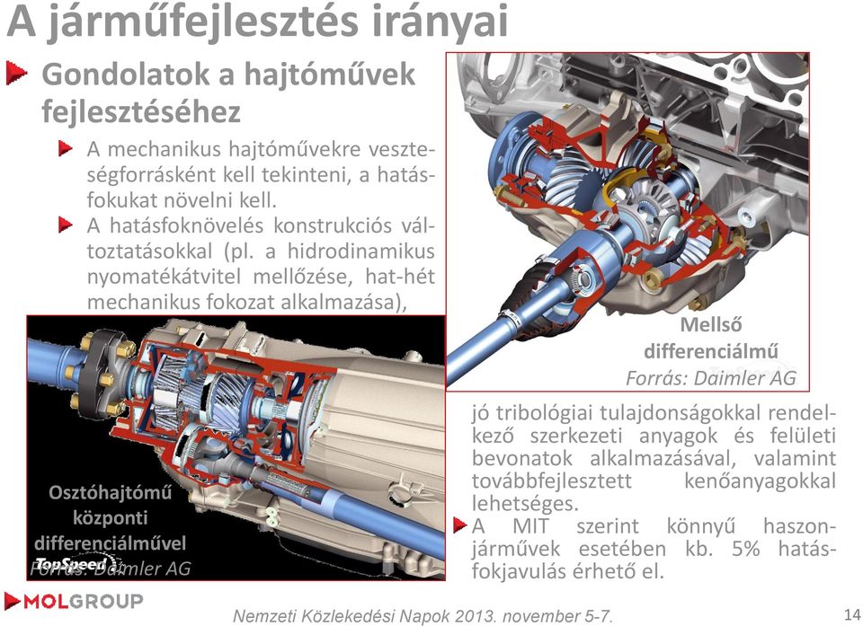 a hidrodinamikus nyomatékátvitel mellőzése, hat-hét mechanikus fokozat alkalmazása), Osztóhajtómű központi differenciálművel Forrás: Daimler AG Mellső