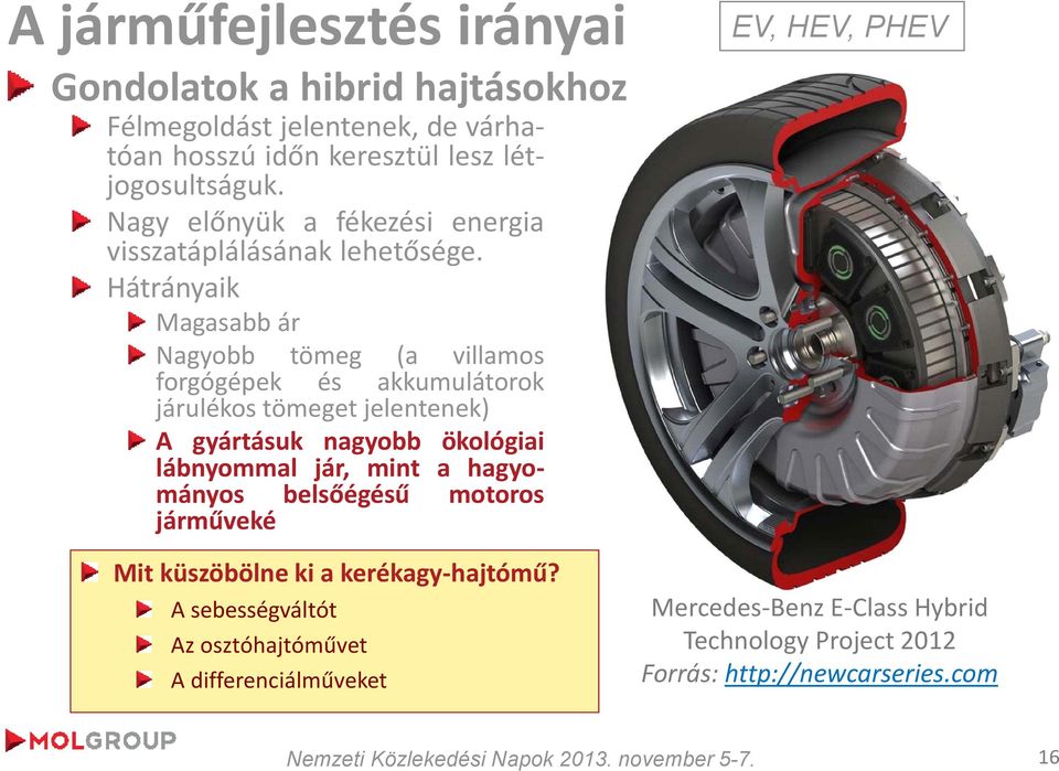 Hátrányaik Magasabb ár Nagyobb tömeg (a villamos forgógépek és akkumulátorok járulékos tömeget jelentenek) A gyártásuk nagyobb ökológiai lábnyommal