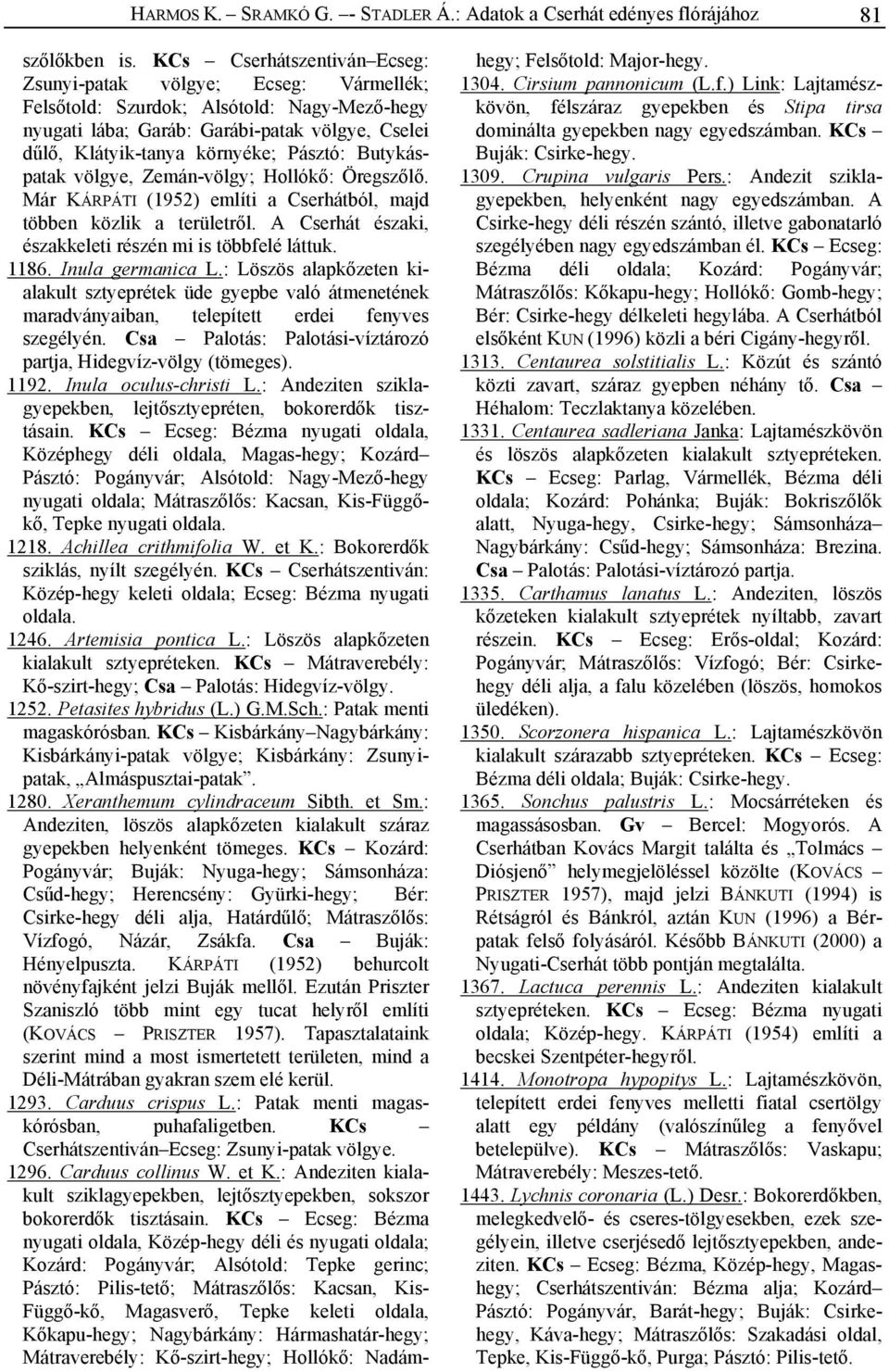 Butykáspatak völgye, Zemán-völgy; Hollókő: Öregszőlő. Már KÁRPÁTI (1952) említi a Cserhátból, majd többen közlik a területről. A Cserhát északi, északkeleti részén mi is többfelé láttuk. 1186.