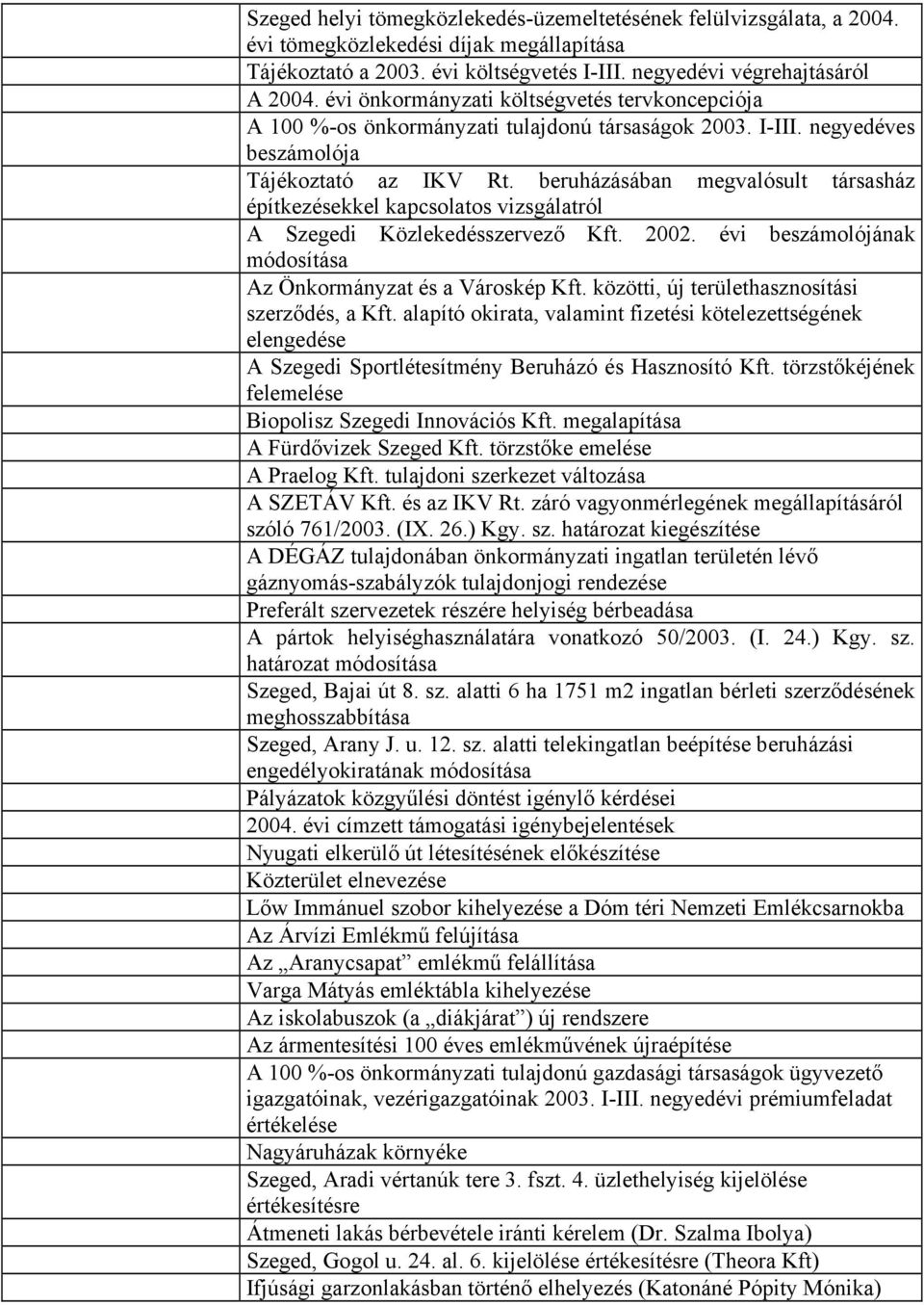 beruházásában megvalósult társasház építkezésekkel kapcsolatos vizsgálatról A Szegedi Közlekedésszervező Kft. 2002. évi beszámolójának módosítása Az Önkormányzat és a Városkép Kft.