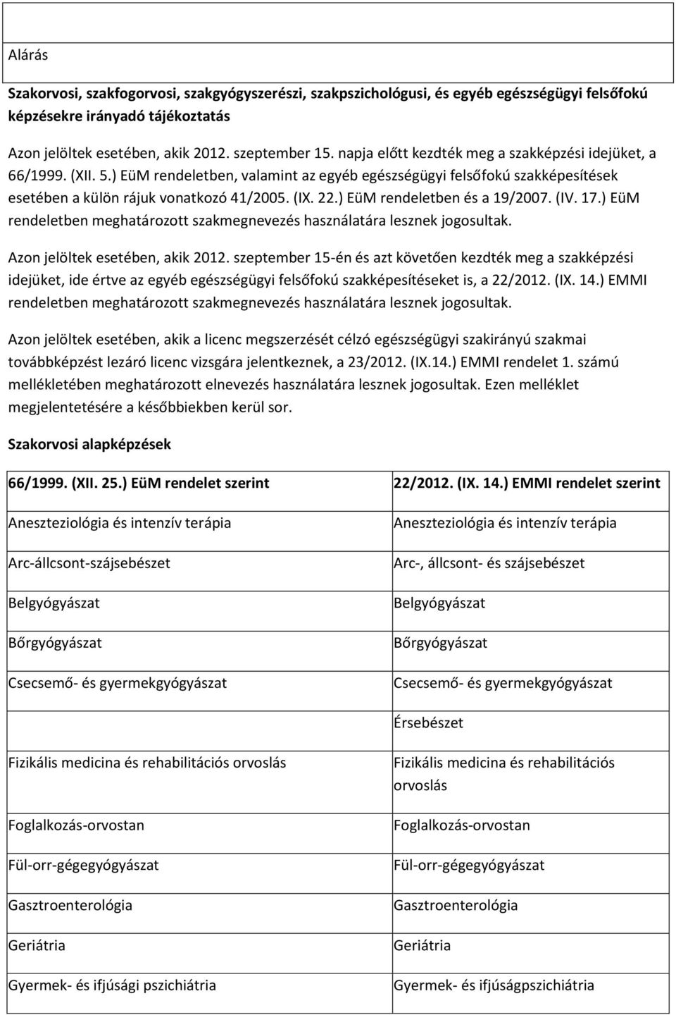 ) EüM rendeletben és a 19/2007. (IV. 17.) EüM rendeletben meghatározott szakmegnevezés használatára lesznek jogosultak. Azon jelöltek esetében, akik 2012.