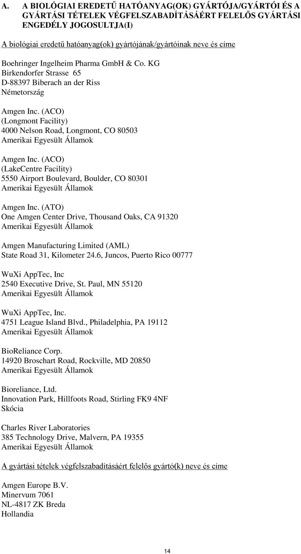 (ACO) (Longmont Facility) 4000 Nelson Road, Longmont, CO 80503 Amerikai Egyesült Államok Amgen Inc.