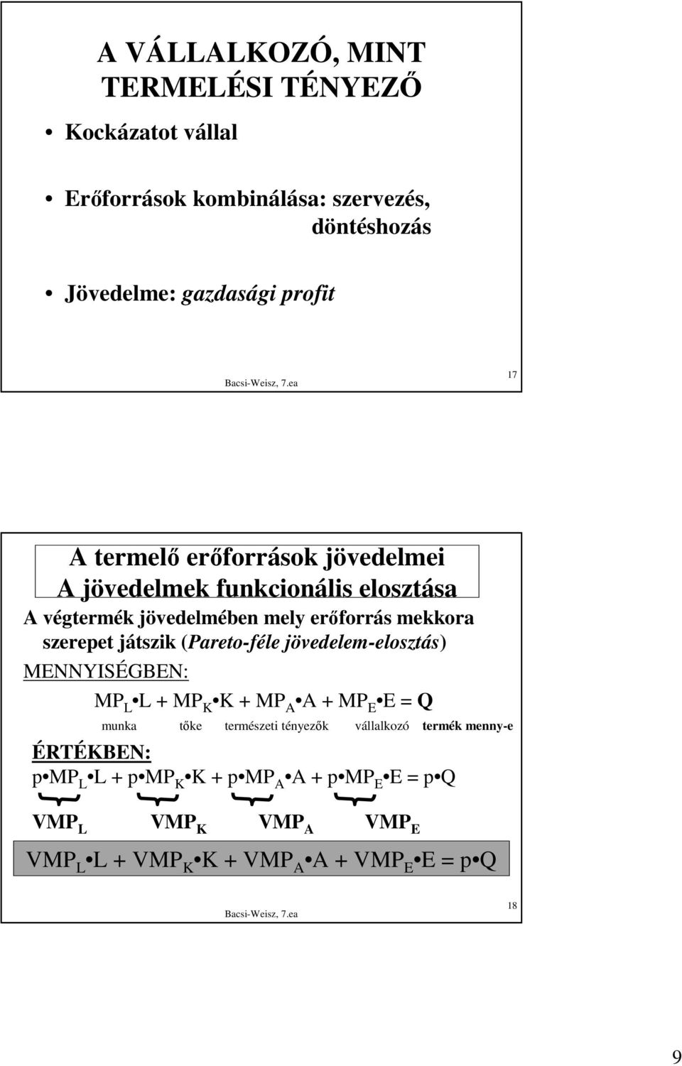 (Pareto-féle jövedelem-elosztás) MENNYISÉGBEN: MP L L + MP K K + MP A A + MP E E = Q munka tıke természeti tényezık vállalkozó termék