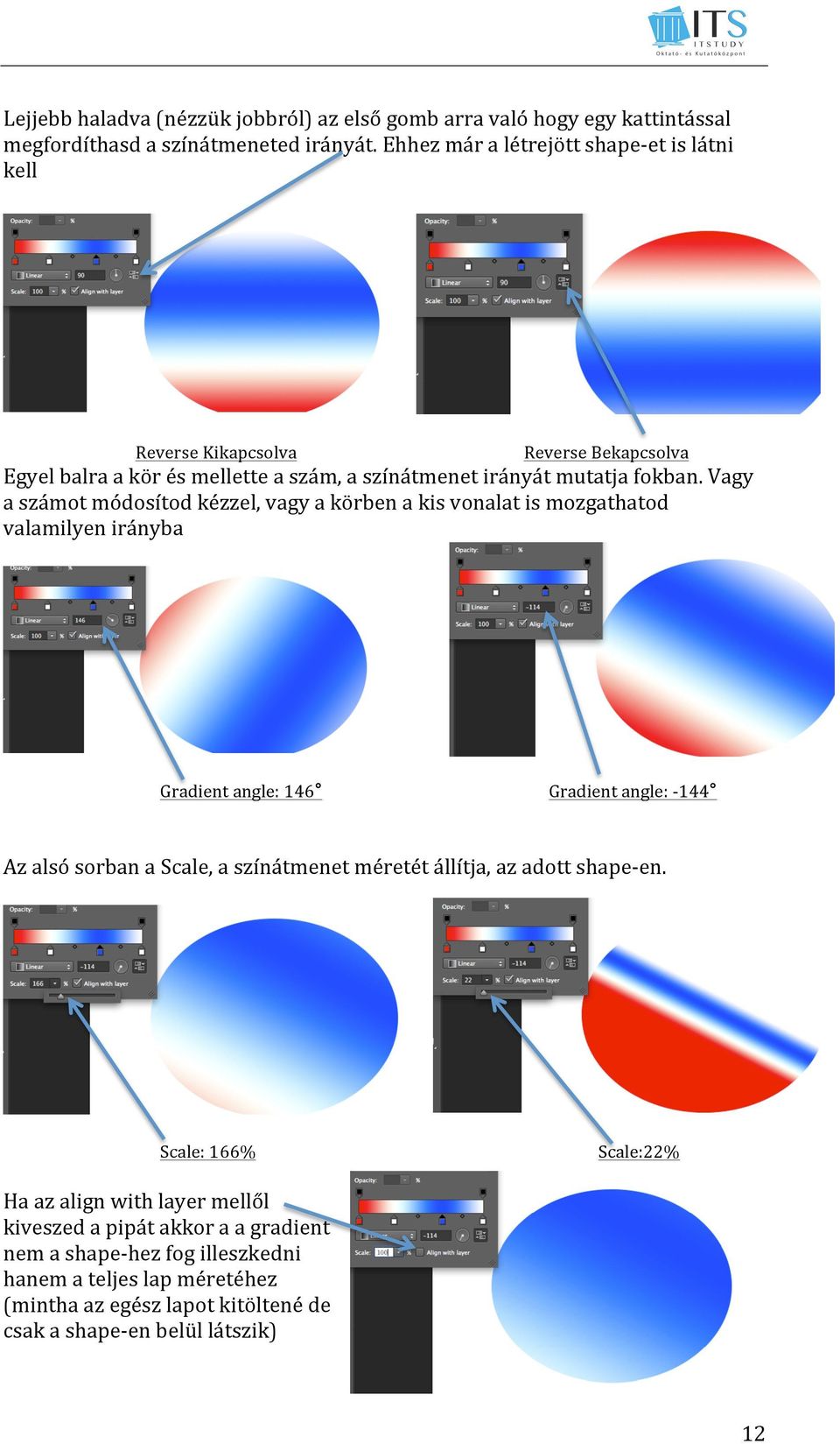 Vagy a számot módosítod kézzel, vagy a körben a kis vonalat is mozgathatod valamilyen irányba Gradient angle: 146 Gradient angle: - 144 Az alsó sorban a Scale, a színátmenet