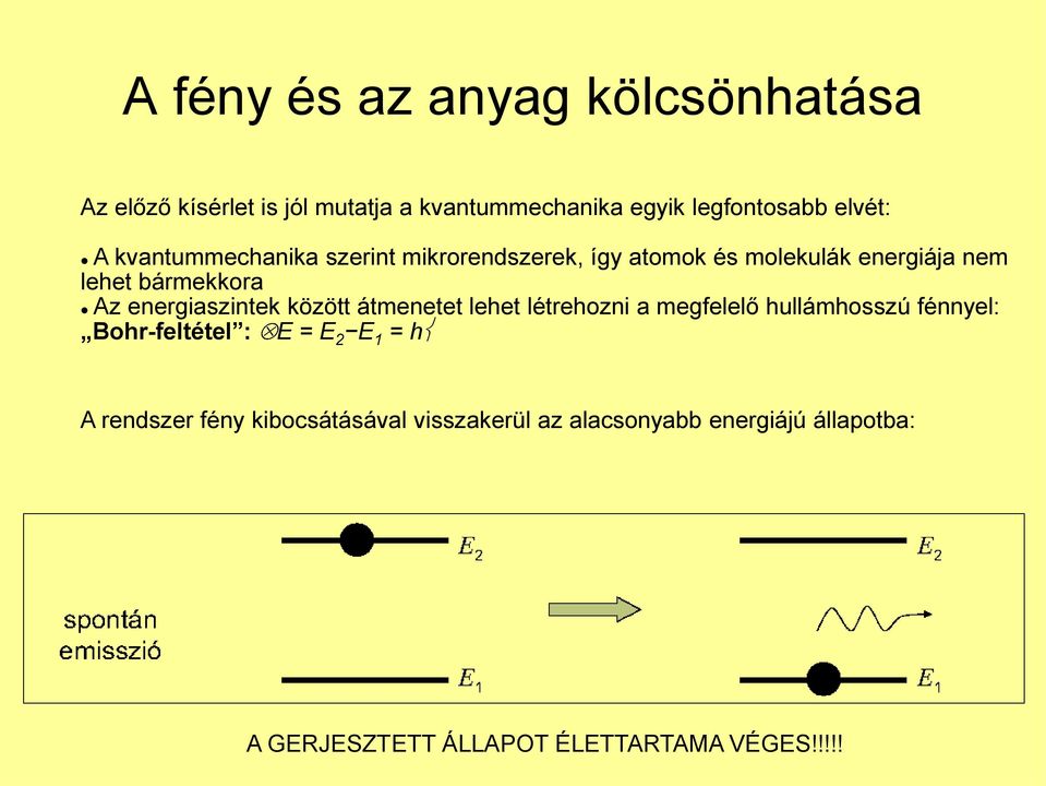 energiaszintek között átmenetet lehet létrehozni a megfelelő hullámhosszú fénnyel: Bohr-feltétel : E = E 2 E 1 =