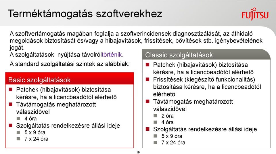 A standard szolgáltatási szintek az alábbiak: Basic szolgáltatások Patchek (hibajavítások) biztosítása kérésre, ha a licencbeadótól elérhető Távtámogatás meghatározott válaszidővel 4 óra Szolgáltatás