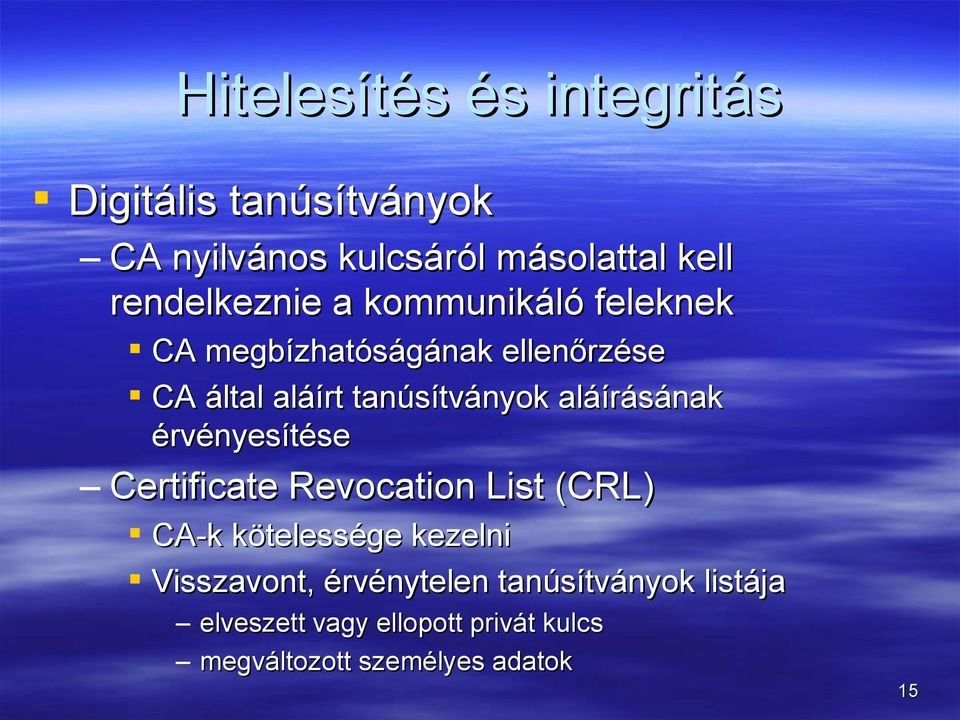 tanúsítványok aláírásának érvényesítése Certificate Revocation List (CRL) CA-k kötelessége