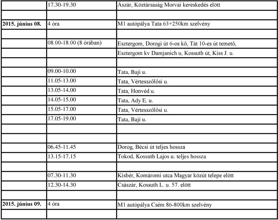 00 Tata, Vértesszőlősi u. 13.05-14.00 Tata, Honvéd u. 14.05-15.00 Tata, Ady E. u. 15.05-17.00 Tata, Vértesszőlősi u. 17.05-19.00 Tata, Baji u. 06.45-11.