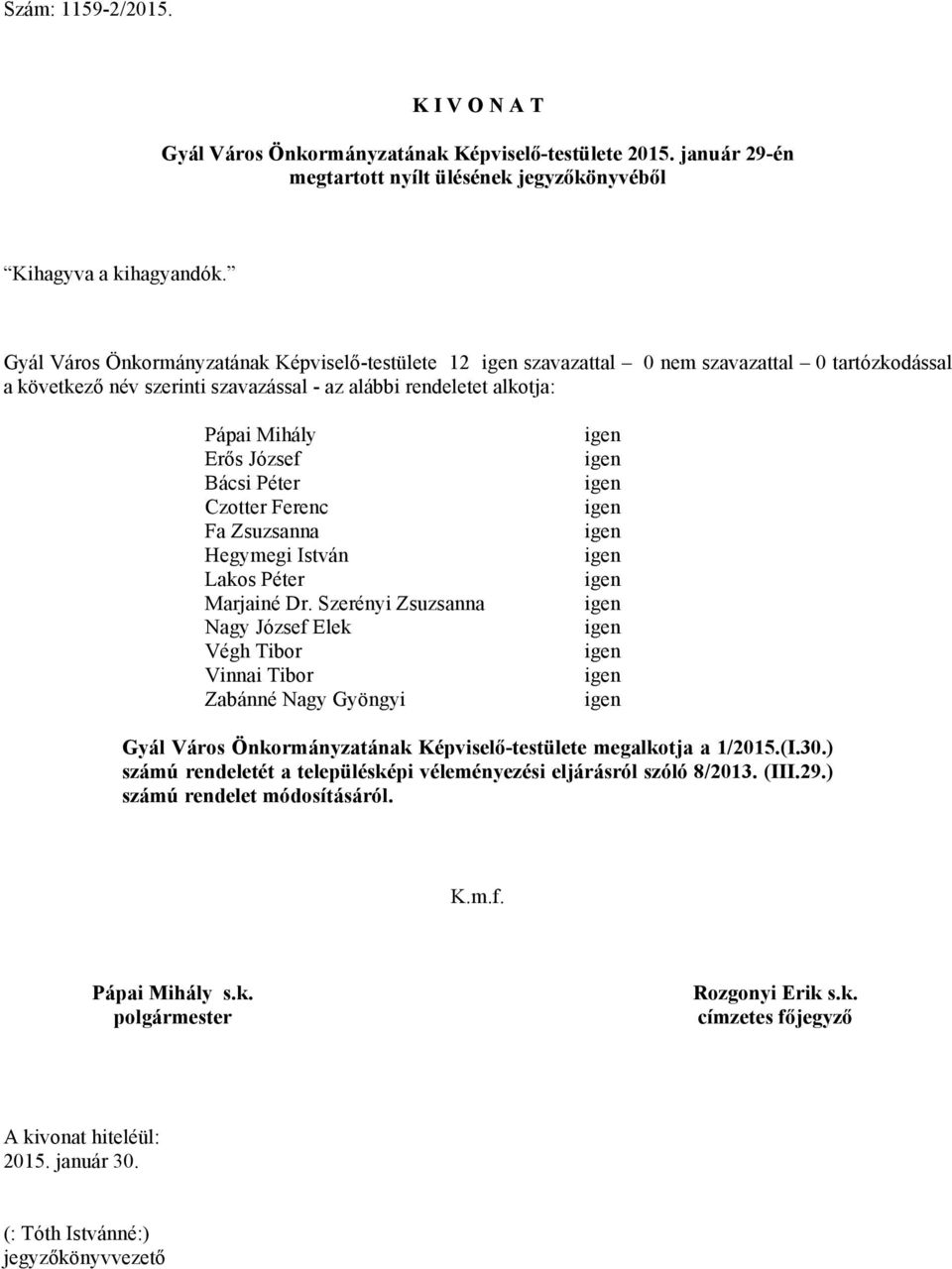 Dr. Szerényi Zsuzsanna Nagy József Elek Végh Tibor Vinnai Tibor Zabánné Nagy Gyöngyi Gyál Város Önkormányzatának Képviselő-testülete