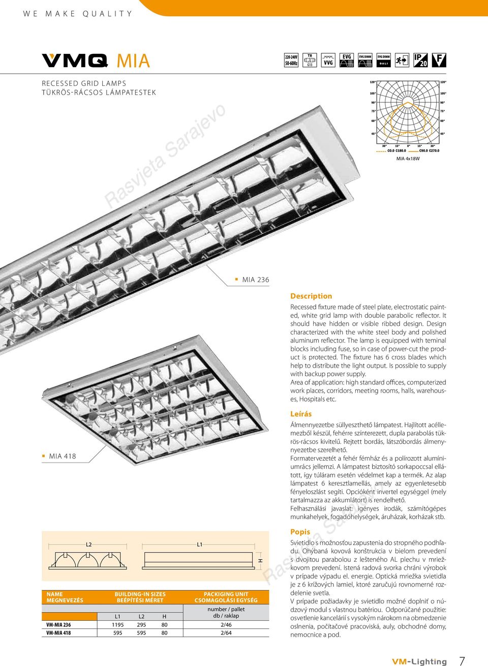 The lamp is equipped with teminal blocks including fuse, so in case of power-cut the product is protected. The fixture has 6 cross blades which help to distribute the light output.