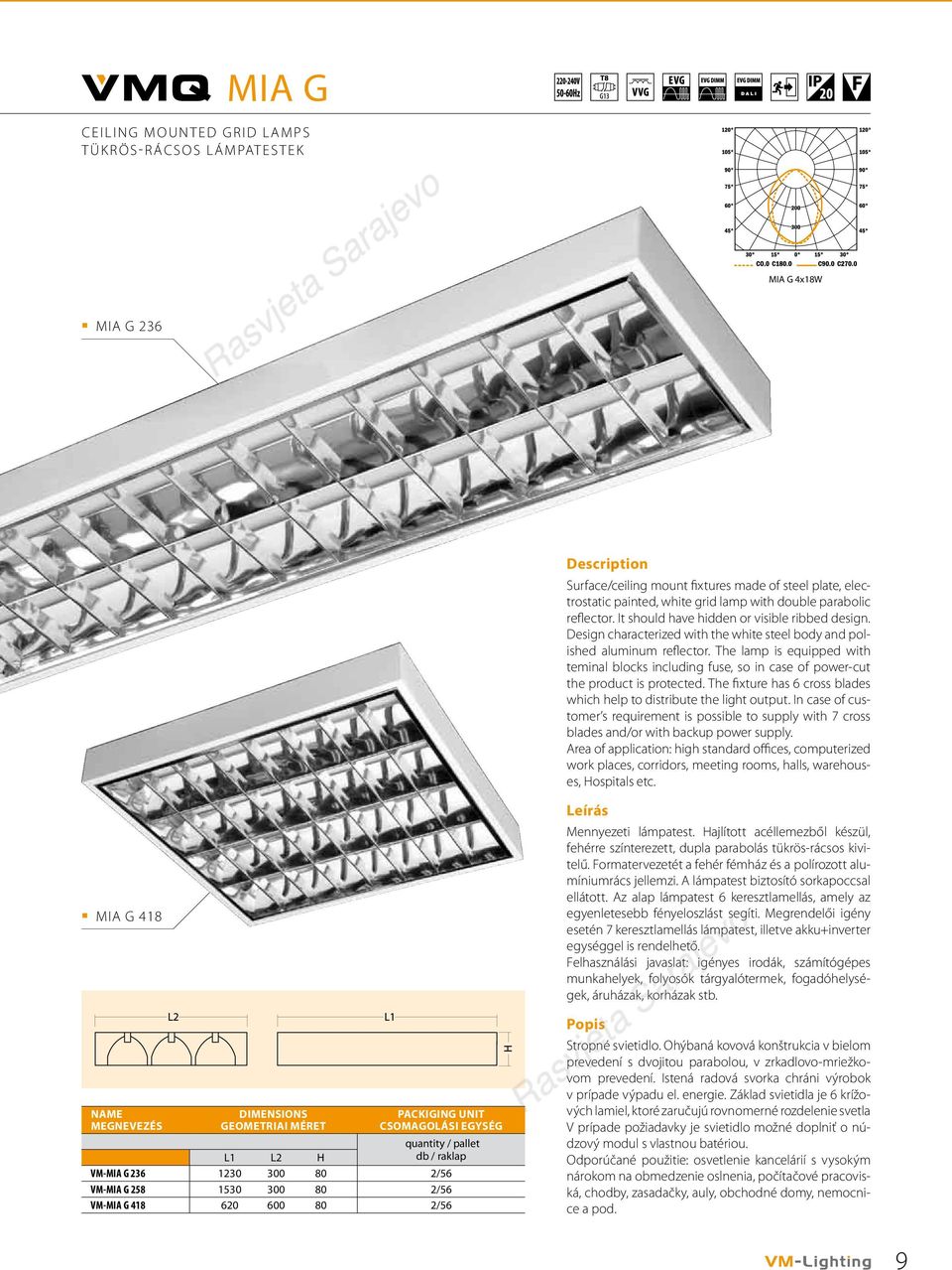 The lamp is equipped with teminal blocks including fuse, so in case of power-cut the product is protected. The fixture has 6 cross blades which help to distribute the light output.