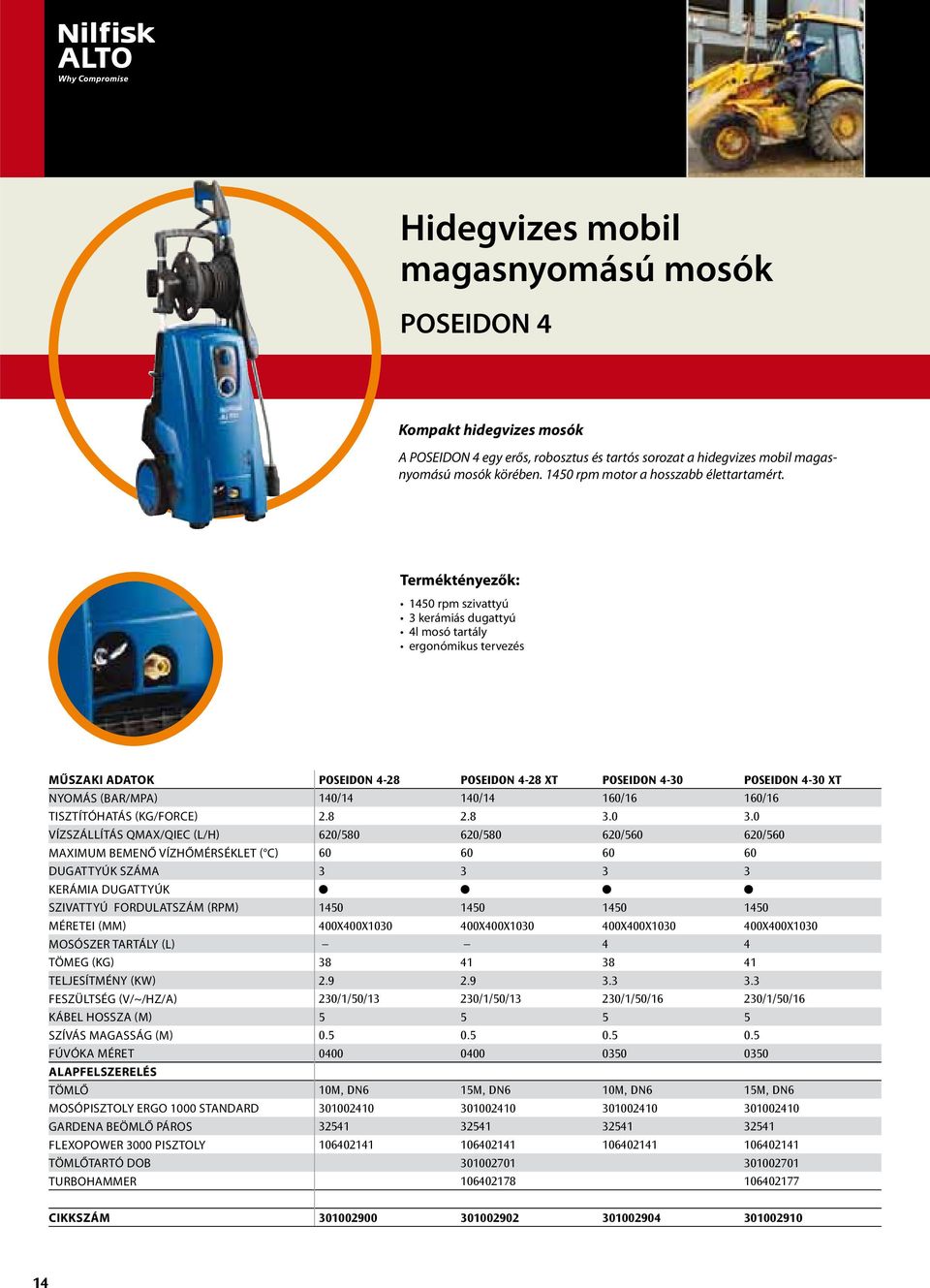 Terméktényezők: 1450 rpm szivattyú 3 kerámiás dugattyú 4l mosó tartály ergonómikus tervezés MŰSZAKI ADATOK POSEIDON 4-28 POSEIDON 4-28 XT POSEIDON 4-30 POSEIDON 4-30 XT NYOMÁS (BAR/MPA) 140/14 140/14