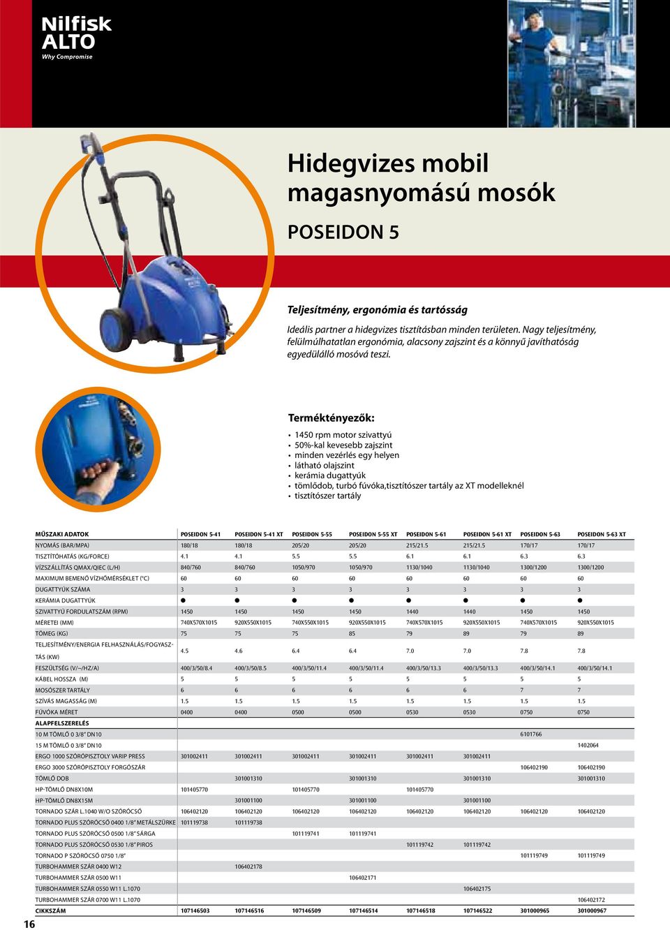 Terméktényezők: 1450 rpm motor szivattyú 50%-kal kevesebb zajszint minden vezérlés egy helyen látható olajszint kerámia dugattyúk tömlődob, turbó fúvóka,tisztítószer tartály az XT modelleknél