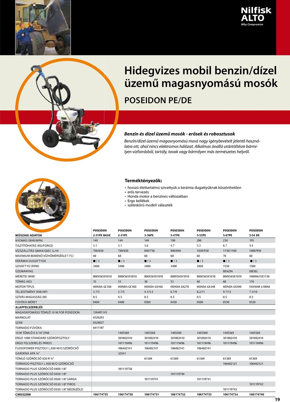 Terméktényezők: hosszú élettartalmú szivattyúk a kerámia dugattyúknak köszönhetően erős tervezés Honda motor a benzines változatban Ergo kellékek széleskörű modell választék MŰSZAKI ADATOK POSEIDON