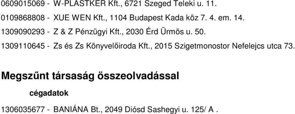 , 2030 Érd Ürmös u. 50. 1309110645 - Zs és Zs Könyvelőiroda Kft.