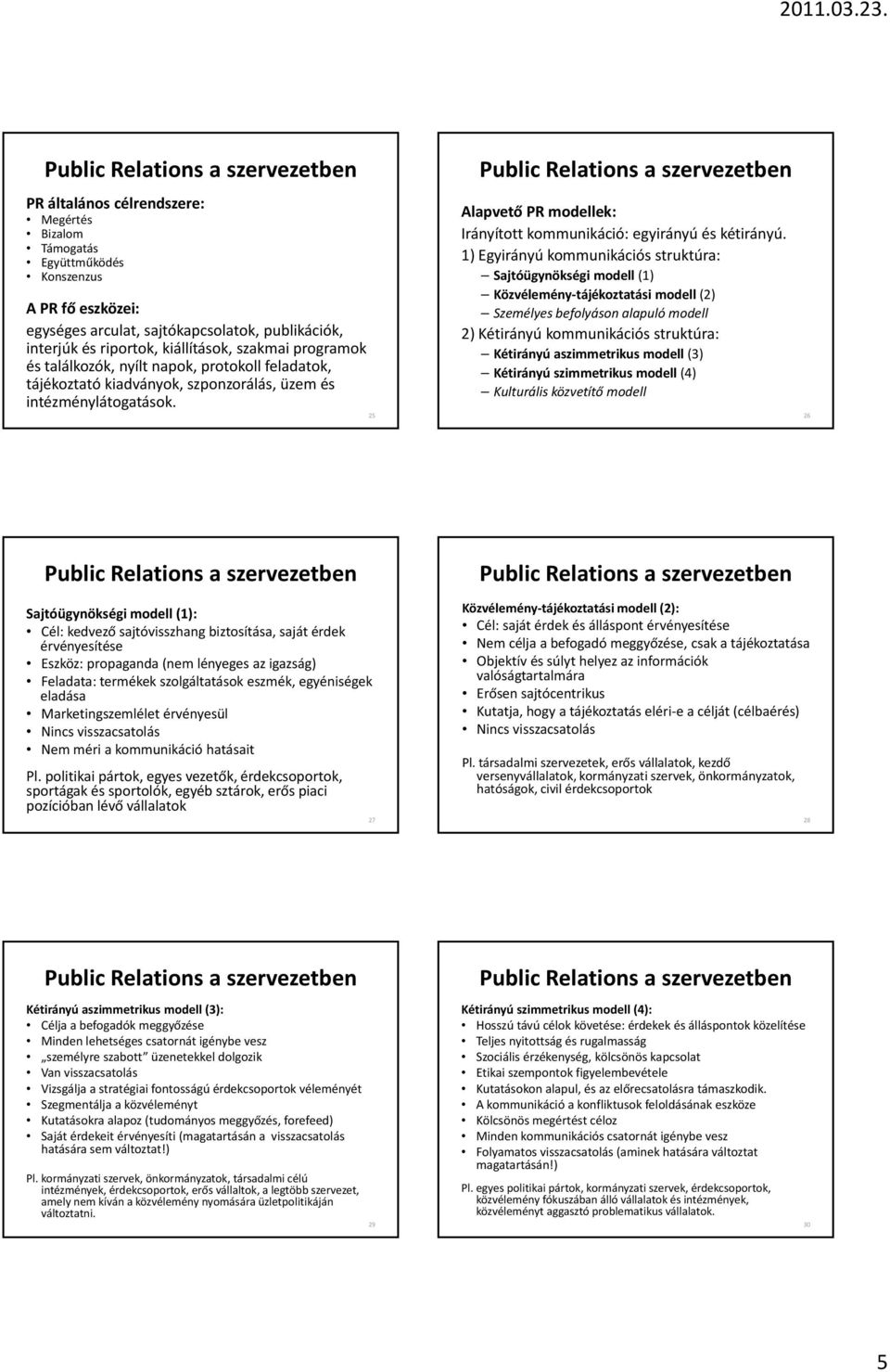 25 Public Relations a szervezetben Alapvető PR modellek: Irányított kommunikáció: egyirányú és kétirányú.