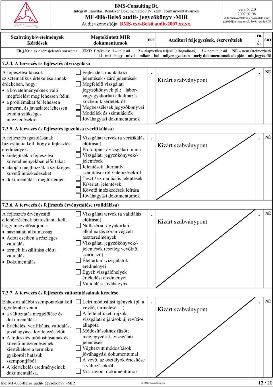 xx. file: MF006Belso_auditjegyzokonyv_MIR 12 / 20 : az eltérésjelentés sorszáma : Értékelés: 1 = teljesül 2 = alapvetően teljesül(elfogadható) 3 = nem teljesül NÉ = nem értelmezhető ki mit hogy mivel