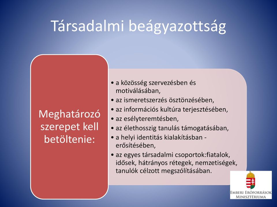 esélyteremtésben, az élethosszig tanulás támogatásában, a helyi identitás kialakításban -