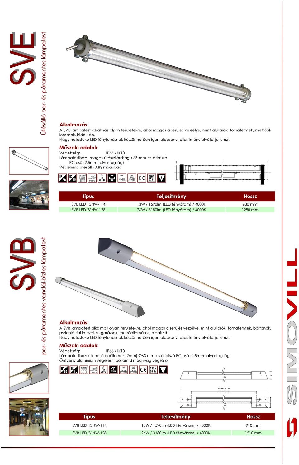 IP66 / IK10 Lámpatestház: magas ütésszilárdságú 63 mm-es átlátszó PC cső (2,5mm falvastagság) Végelem: ütésálló ABS műanyag Típus Hossz SVE 13NW-114 13W / 1590lm ( fényáram) / 4000K 680 mm SVE