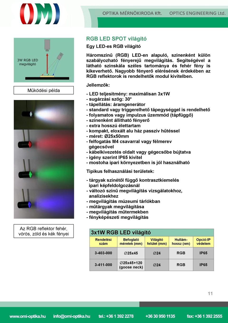 Működési példa - LED teljesítmény: maximálisan 3x1W - sugárzási szög: 30 - tápellátás: áramgenerátor - színenként állítható fényerő - kompakt, eloxált alu ház passzív hűtéssel - méret: Ø25x50mm -