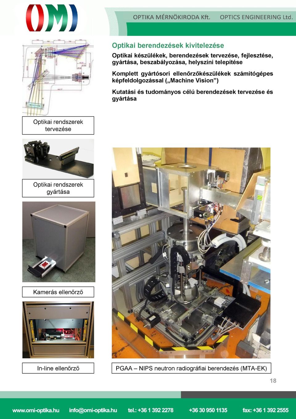 Machine Vision ) Kutatási és tudományos célú berendezések tervezése és gyártása Optikai rendszerek tervezése