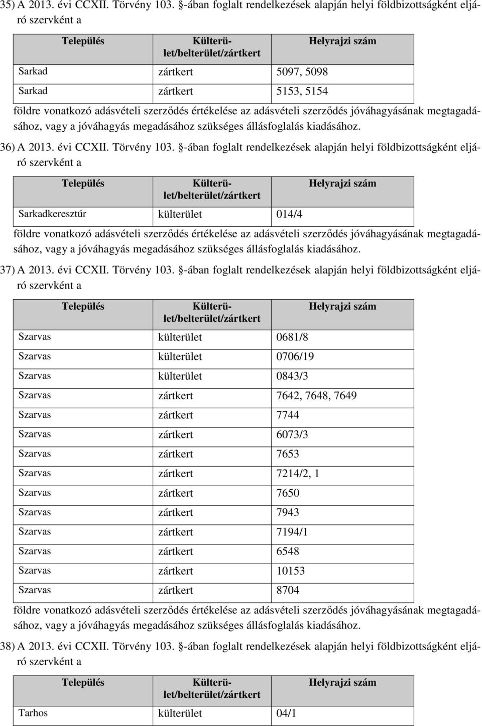 -ában foglalt rendelkezések alapján helyi földbizottságként eljáró Szarvas külterület 0681/8 Szarvas külterület 0706/19 Szarvas külterület 0843/3 Szarvas zártkert 7642, 7648, 7649 Szarvas zártkert