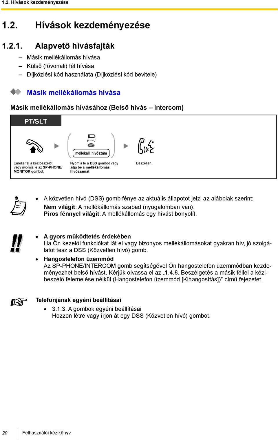 hívószám Emelje fel a kézibeszélőt, nyomja le az SP-PHONE/ MONITOR Nyomja le a DSS gombot adja be a mellékállomás hívószámát. Beszéljen.