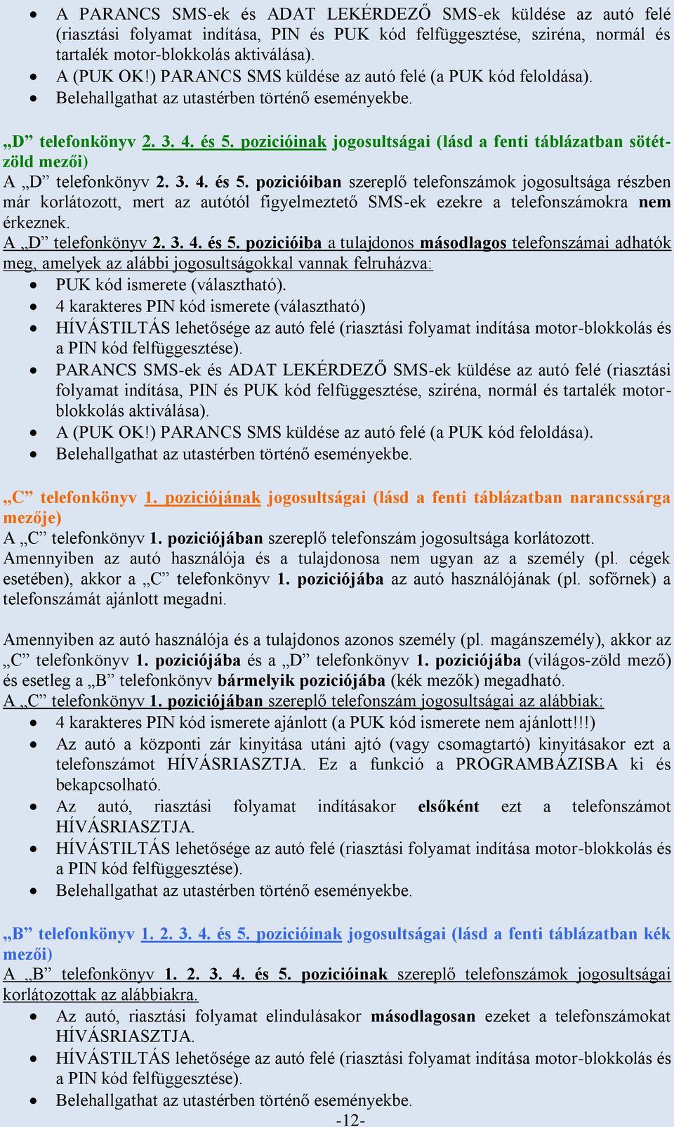 pozicióinak jogosultságai (lásd a fenti táblázatban sötétzöld mezői) A D telefonkönyv 2. 3. 4. és 5.